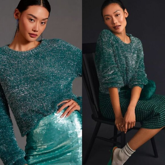 🦋 ANTHROPOLOGIE Maeve Tinsel Eyelash Sweater Green Shimmer Size Small - Picture 1 of 6